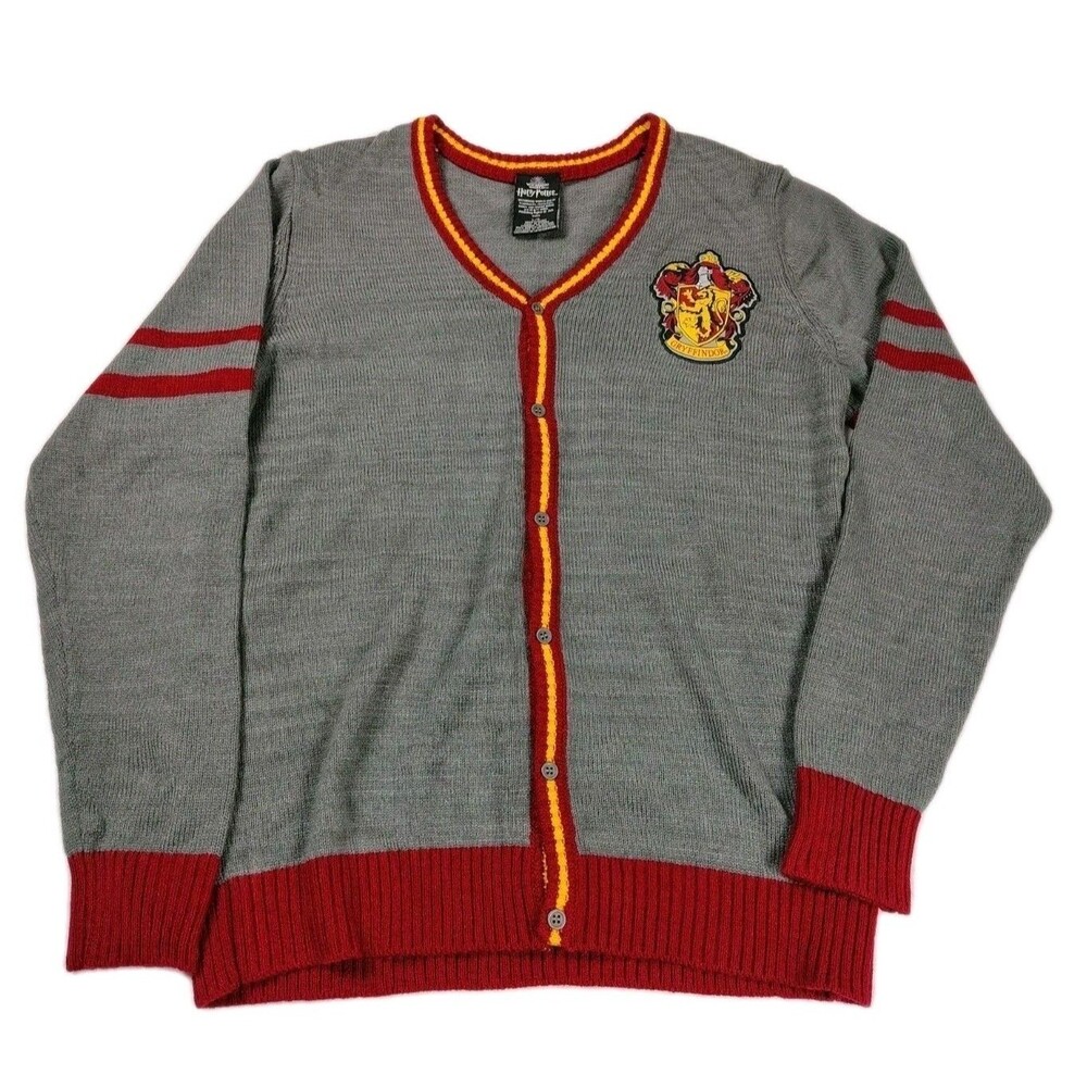 Harry Potter Gryffindor Cardigan Sweater Womens Large Gray House Crest